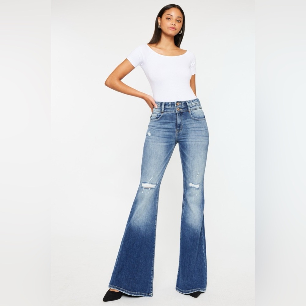 Kancan High Rise Wide Waistband Flare Jeans